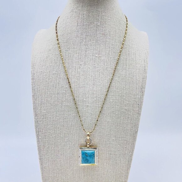 Unbranded Jewelry - Square Faceted Turquoise Pendant Necklace Marked 925 China Gold Plated Crystals